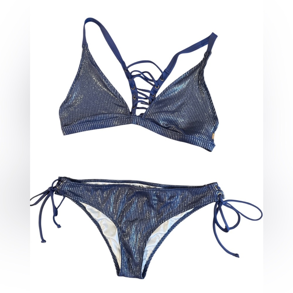 PINK BY VS GORGEOUS SHIMMERING
BLUE BIKINI WITH BRASS HARDWARE